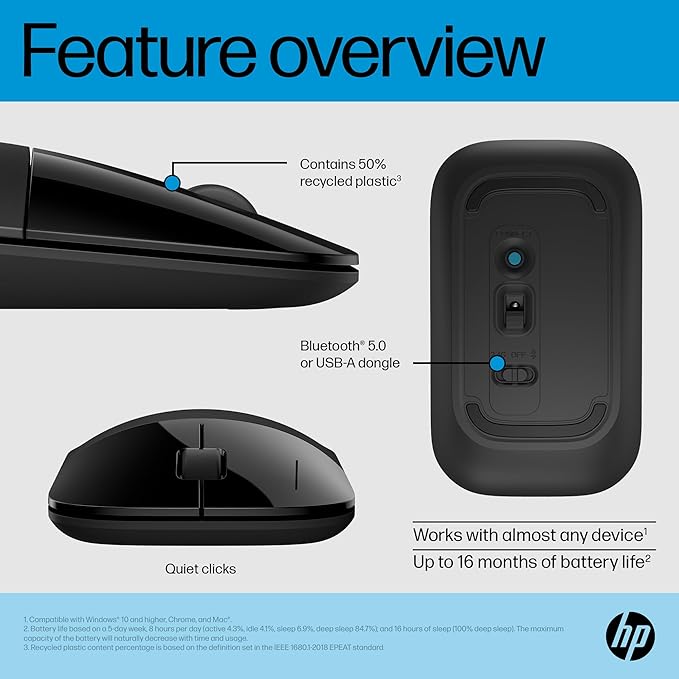 HP Z3700 Dual Black Mouse, Bluetooth 5.0, USB-A dongle, 2.4 GHz Wireless Connection, Multi-Surface Tracking, Silent clicks, Up to 1600 dpi, 16-Month Battery Life, 3-Year Warranty, 50g, Black