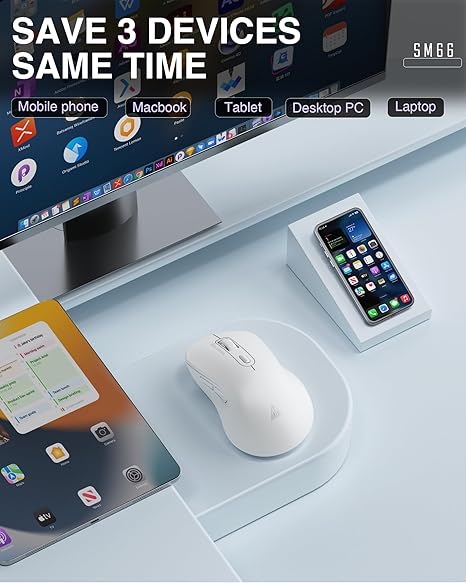 SOLAKAKA SM66 White Silent Dual Mode 2.4GHz Wireless Mouse, Adjustable 4800 DPI, Rechargeable Computer Mouse for PC, Mac, Laptop, Desktop