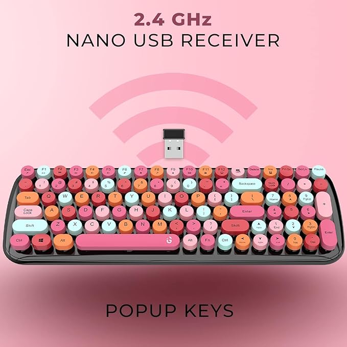 iGear KeyBee Retro Typewriter Inspired 2.4GHz Wireless Keyboard with Mouse Combo for Desktop/Laptop and Devices with USB Support, Single Nano Receiver, Round Keycaps, Cleaning Brush (Black Pink)