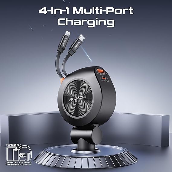 Promate Multi-Port Car Charger with Retractable PD30W USB-C and PD20W Lightning Cables, 20W USB-C, 18W Quick Charge Ports
