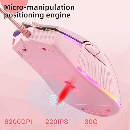 Motospeed V70 USB Wired Gaming Mouse,DPI 6400 ZEUS6400 Optical Sensor,Chorma RGB Backlit,7 Programmable Buttons?Ergonomic PC Gaming Mouse for Laptop, PC, Mac(Pink)