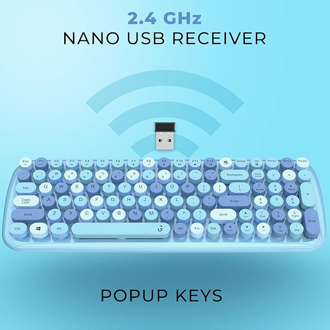 iGear KeyBee Retro Typewriter Inspired 2.4GHz Wireless Keyboard with Mouse Combo for Desktop/Laptop and Devices with USB Support, Single Nano Receiver, Round Keycaps, Cleaning Brush (White) (Blue)