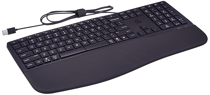 HP 480 Comfort Wired Keyboard, USB-A connectivity, 23 programmable Keys, Microsoft Copilot, Cushioned Palm Rest, Adjustable tilt, Spill Resistant, 1-Year Limited Warranty, Black