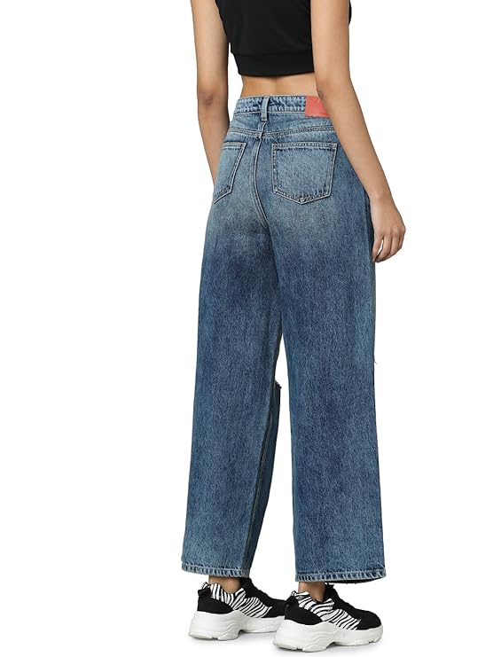 ONLY Women Blue Wide Leg High-Rise Highly Distressed Light Fade Jeans