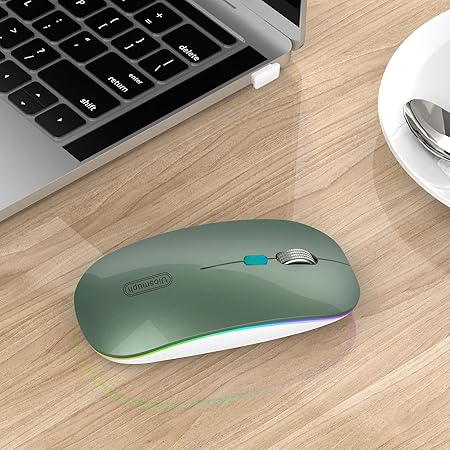 Uiosmuph LED Wireless Mouse G12 Slim Rechargeable Silent Mouse, 2.4G Portable USB Optical Computer Mice With USB Receiver and Type C Adapter (Blacklish Green)
