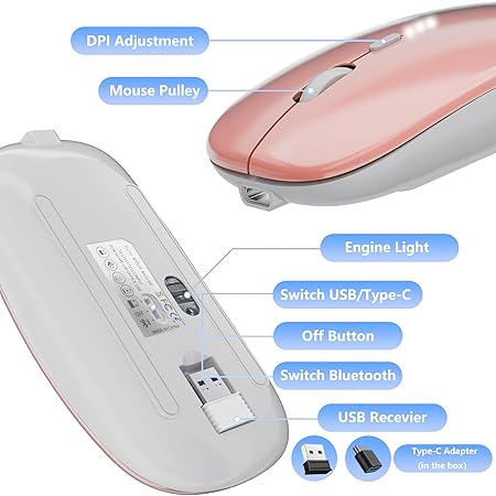 Wireless Mouse, 2.4G Slim Mute Silent Click Noiseless Optical Mouse with USB Receiver Compatible with Notebook, PC, Laptop, Computer, MacBook (Rose Gold)