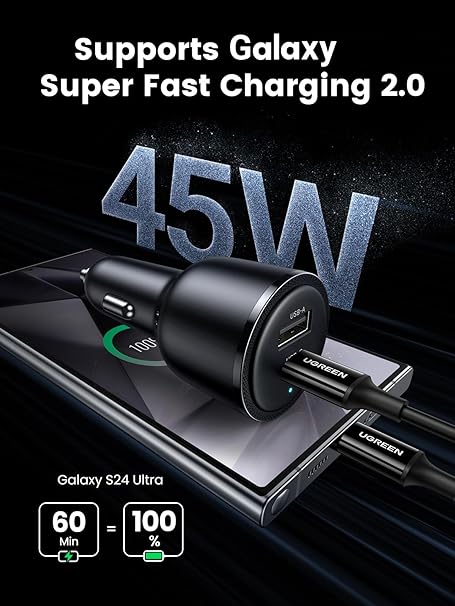 UGREEN 63W USB C Car Charger, 2 Ports Car Charger PD 36W/PPS 45W Super Fast Charging 2.0 & QC 18W