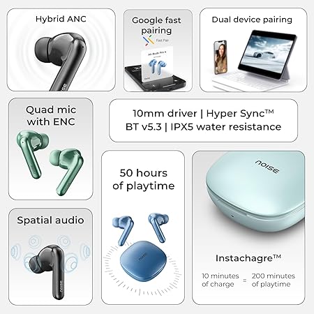 Noise Newly Launched Air Buds Pro 4 in-Ear True Wireless Earbuds, Hybrid ANC (Upto 40dB), 50H of Playtime (4 Color options)