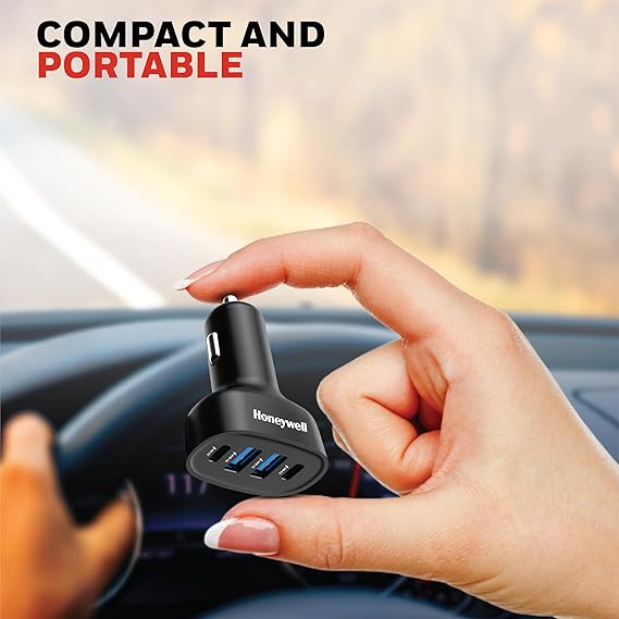 Honeywell Newly Launched Micro CLA 100W PD Smart Car Charger, 2xType C & 2xUSB A Port, Ultra-Fast Charging (Black)
