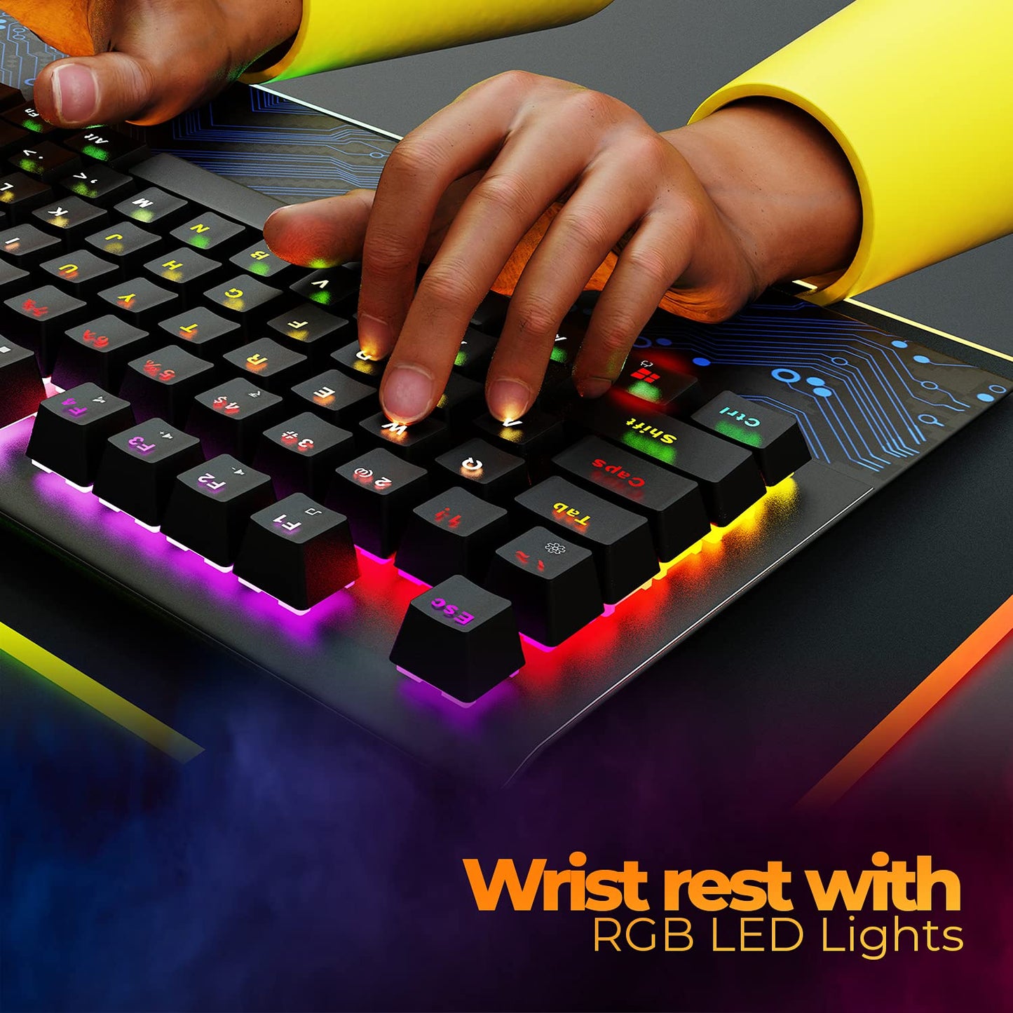 ZEBRONICS Zeb-MAX Chroma Premium Mechanical Gaming Keyboard with 104 Tactile Switch Keys, Wrist Rest, 18 RGB LED Modes, Braided & Gold Plated USB Cable