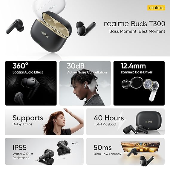 realme Buds T300 Truly Wireless in Ear Earbuds with 30dB ANC, 360° Spatial Audio Effect, Upto 40Hrs Battery (2 Color options)