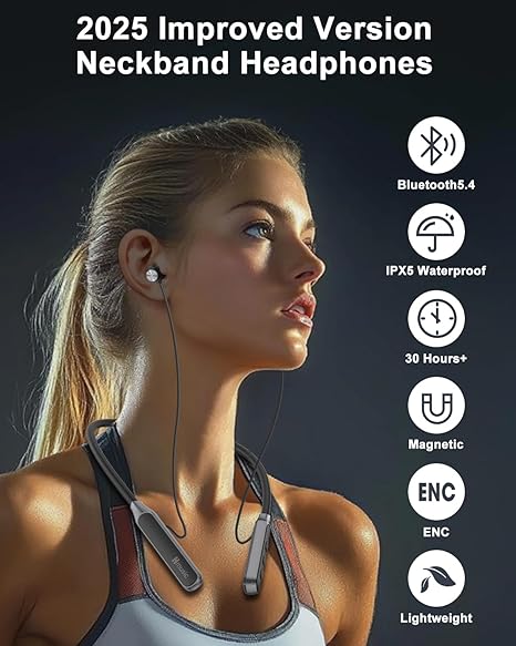 Hmusic H06 Neckband Bluetooth Headphones,Wireless Earbuds Bluetooth 5.4,30H Long Battery Life,33g Lightweight,IPX5 Waterproof (Black)