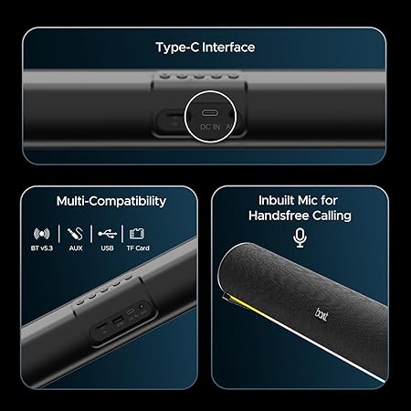 Boat Aavante Bar 950 Bluetooth Soundbar w/ 40W Signature Sound, RGB LEDs, Dual Passive Radiators, Up to 7 hrs Playback (Premium Black)