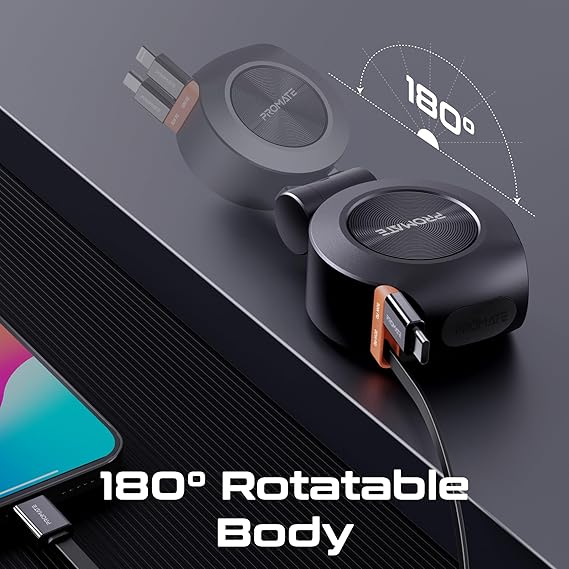 Promate Multi-Port Car Charger with Retractable PD30W USB-C and PD20W Lightning Cables, 20W USB-C, 18W Quick Charge Ports