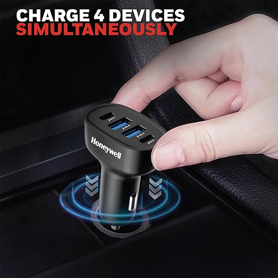Honeywell Newly Launched Micro CLA 100W PD Smart Car Charger, 2xType C & 2xUSB A Port, Ultra-Fast Charging (Black)