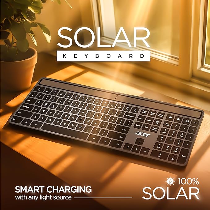 Acer Solaris Solar Powered Bluetooth Keyboard, 109-Key Wireless Keyboard with Super-Capacitor, Multi-Device BT 5.0, Type-C Emergency Charging, 10m Range, for Windows, Mac, Android, Space Grey