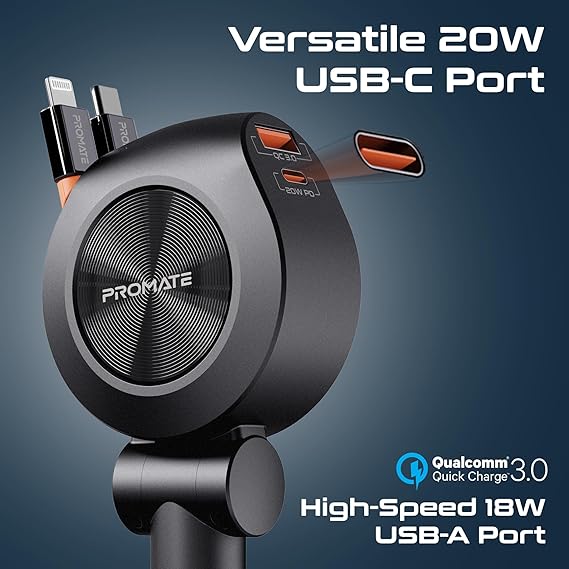 Promate Multi-Port Car Charger with Retractable PD30W USB-C and PD20W Lightning Cables, 20W USB-C, 18W Quick Charge Ports