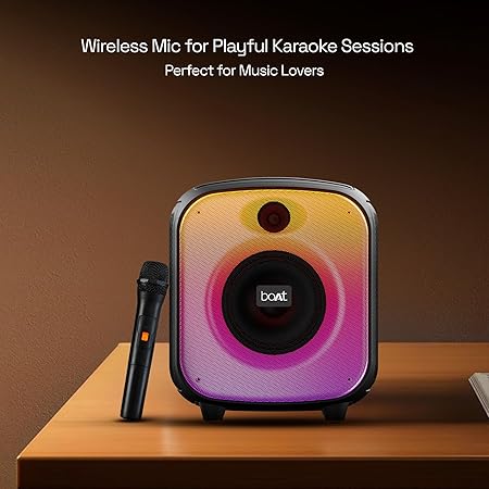 boAt PartyPal 63 Pro Bluetooth Speaker with 30 W Signature Sound, Karaoke with Mic, Customizable RGB LEDs, Wireless Mic, Upto 8 hrs Playback (Midnight Black)