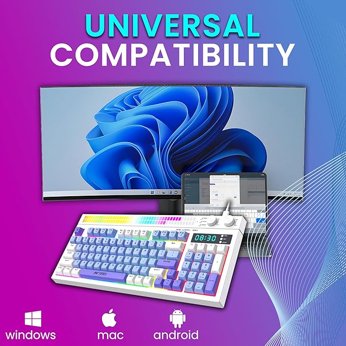 Ant Esports MK1900 RGB Wired Gaming Keyboard with Volume Knob & Alarm Clock, 93 Keys + 6 Macro Keys, Mechanical Feel Membrane, DIY Backlit Effects, Compatible Windows/Mac/Linux – White/Purple/Blue