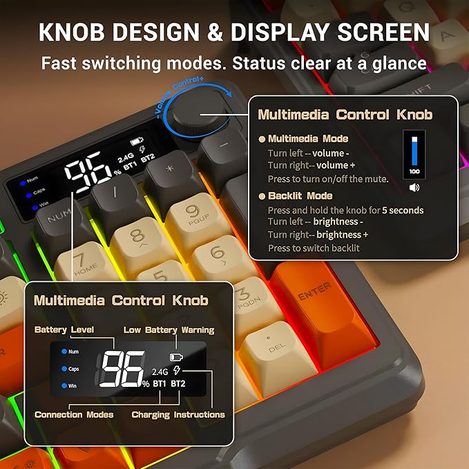 Ant Esports MK801 V2 Pro Wireless Mechanical Membrane Backlit Gaming Keyboard 94 Keys 2.4G/Bluetooth Mode Compact Numeric Pad RGB Keyboard for Home Internet Cafe Game Room Office_ Grey, Beige, Orange