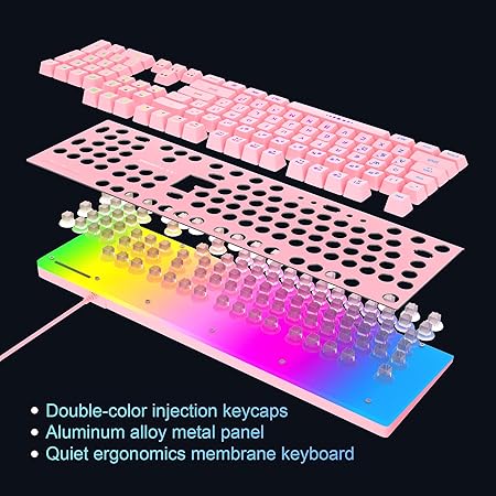 MageGee Gaming Keyboard and Mouse Combo, True RGB Backlit Membrane Office Keyboard, 104 Keys Metal Panel USB Quiet Wired Keyboard for Windows Laptop PC - Pink