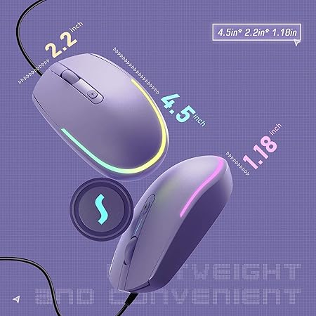 Seenda Wired Mouse - USB Computer Mouse with RGB Backlit Optical LED, Attached USB Cord for Laptops, Notebooks, Chromebook - Purple