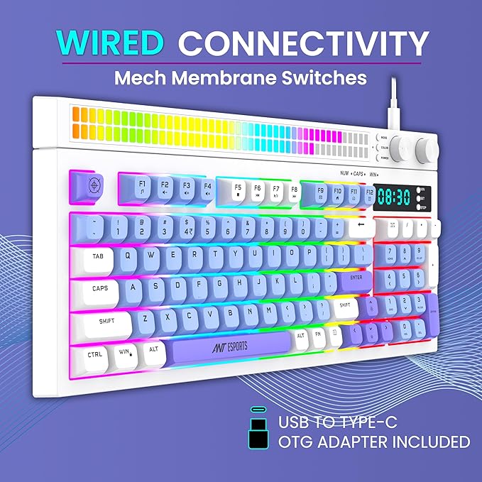 Ant Esports MK1900 RGB Wired Gaming Keyboard with Volume Knob & Alarm Clock, 93 Keys + 6 Macro Keys, Mechanical Feel Membrane, DIY Backlit Effects, Compatible Windows/Mac/Linux – White/Purple/Blue