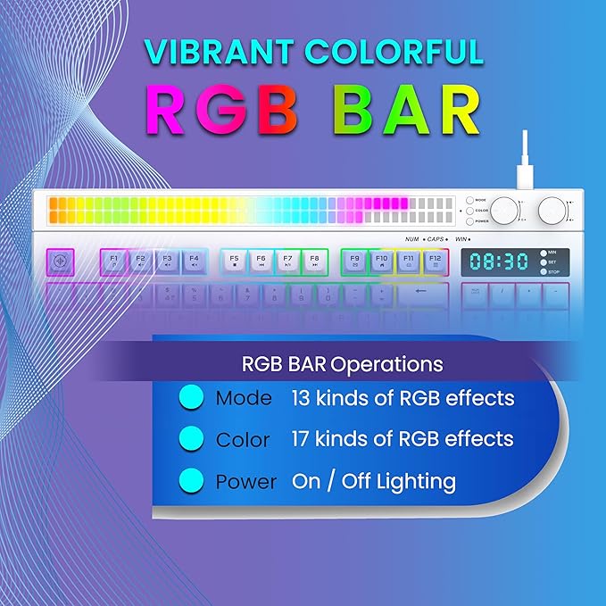 Ant Esports MK1900 RGB Wired Gaming Keyboard with Volume Knob & Alarm Clock, 93 Keys + 6 Macro Keys, Mechanical Feel Membrane, DIY Backlit Effects, Compatible Windows/Mac/Linux – White/Purple/Blue