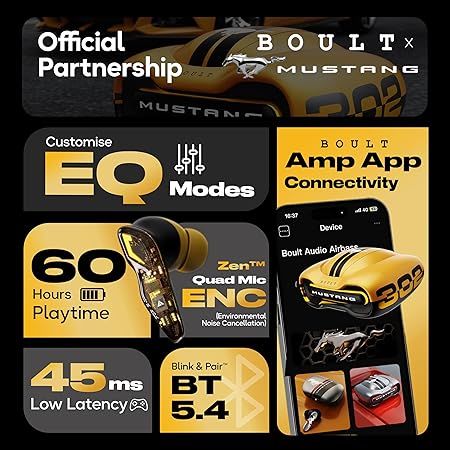 Mustang Torq Wireless in Ear Earbuds with 50H Playtime, App Support, Quad Mic ENC, 45ms Low Latency (3 color options)