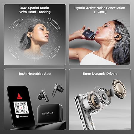 boAt Nirvana Ivy, 50dB Hybrid Active Noise Cancellation, 360º Spatial Audio,Fast Charge, v5.3 Bluetooth Earbuds (2 Color options)