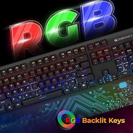 ZEBRONICS Zeb-MAX Chroma Premium Mechanical Gaming Keyboard with 104 Tactile Switch Keys, Wrist Rest, 18 RGB LED Modes, Braided & Gold Plated USB Cable