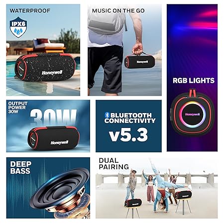 Honeywell Newly Launched Trueno U400 30W 5.3 Bluetooth Speaker, Deep Bass Radiators, 15H Playtime, IPX 6, USB Type-C Port, Built-in Mic & 2 * 78mm Drivers