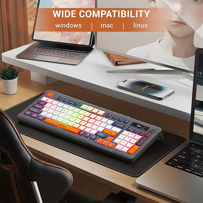 Ant Esports MK801 V2 Pro Wireless Mechanical Membrane Backlit Gaming Keyboard 94 Keys 2.4G/Bluetooth Mode Compact Numeric Pad RGB Keyboard for Home Internet Cafe Game Room Office_ Grey, Beige, Orange
