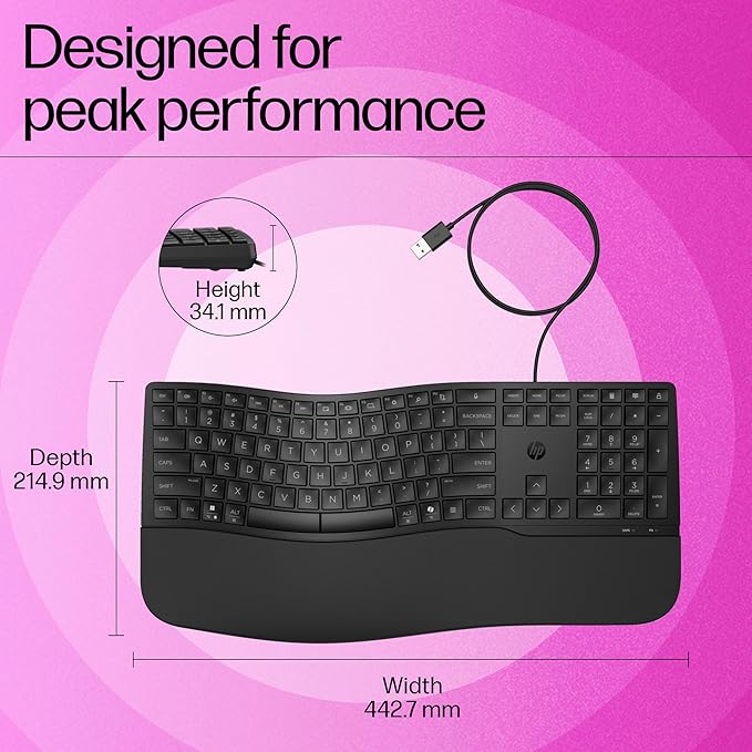 HP 480 Comfort Wired Keyboard, USB-A connectivity, 23 programmable Keys, Microsoft Copilot, Cushioned Palm Rest, Adjustable tilt, Spill Resistant, 1-Year Limited Warranty, Black