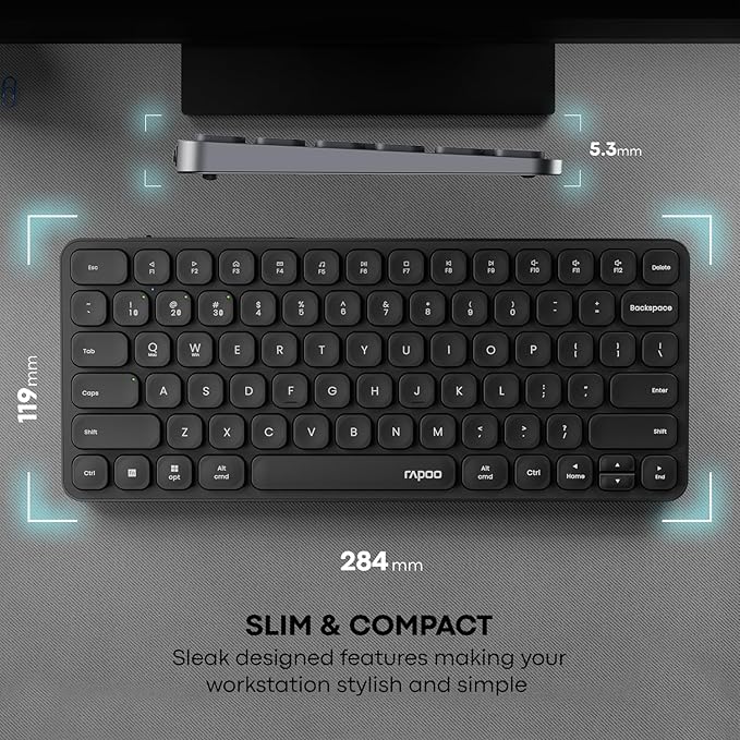 Rapoo E9050L Bluetooth Wireless Multi-Device Keyboard(4 Devices), Rechargeable, Led Indicators, Ultra-Thin, Ergonomic, Compatible with Windows, iOS, Android, Tab, Smartphones -Grey