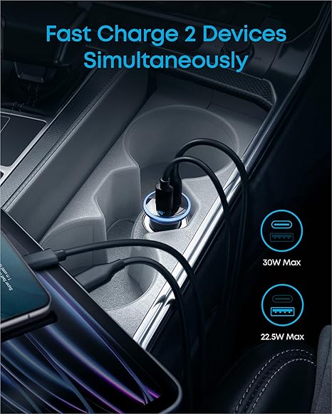 Anker 323 Car Charger 52.5W with PowerIQ 3.0 Ultra-Compact Dual-Port USB-C Fast Charing, Charge 2 devices simultaneously