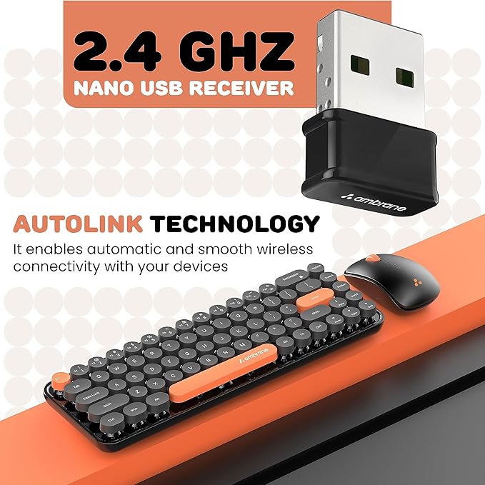 Ambrane Combo of Wireless Keyboard with Mouse Retro Typewriter Inspired, 2.4GHz for Desktop, Laptop, MacBook and Devices with USB Support, Compact Light-Weight, Single Nano Receiver (KeyPop, Black)