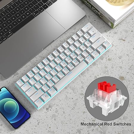 MageGee 60 Percent Mechanical Gaming Keyboard, White Gaming Keyboard With Red Switches, Detachable Type-C Cable 60% Mini Keyboard With Powder Blue Light For Windows/Mac/Pc/Laptop, Wired