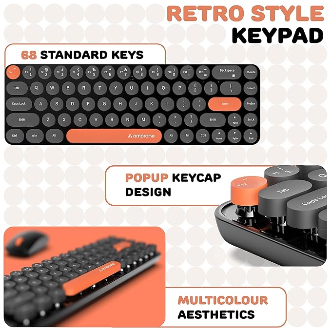 Ambrane Combo of Wireless Keyboard with Mouse Retro Typewriter Inspired, 2.4GHz for Desktop, Laptop, MacBook and Devices with USB Support, Compact Light-Weight, Single Nano Receiver (KeyPop, Black)