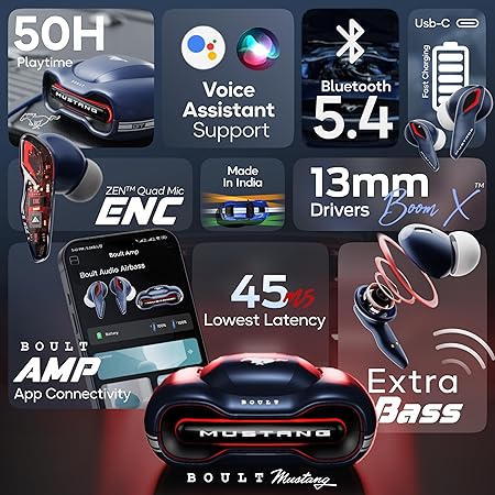 Mustang Torq Wireless in Ear Earbuds with 50H Playtime, App Support, Quad Mic ENC, 45ms Low Latency (3 color options)