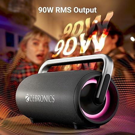 ZEBRONICS AXON 100 Portable Party Bluetooth Speaker, 90W RMS, Quad Drivers + Dual Passive Radiators, IPX5, Upto 6 Hours Playback (Black)
