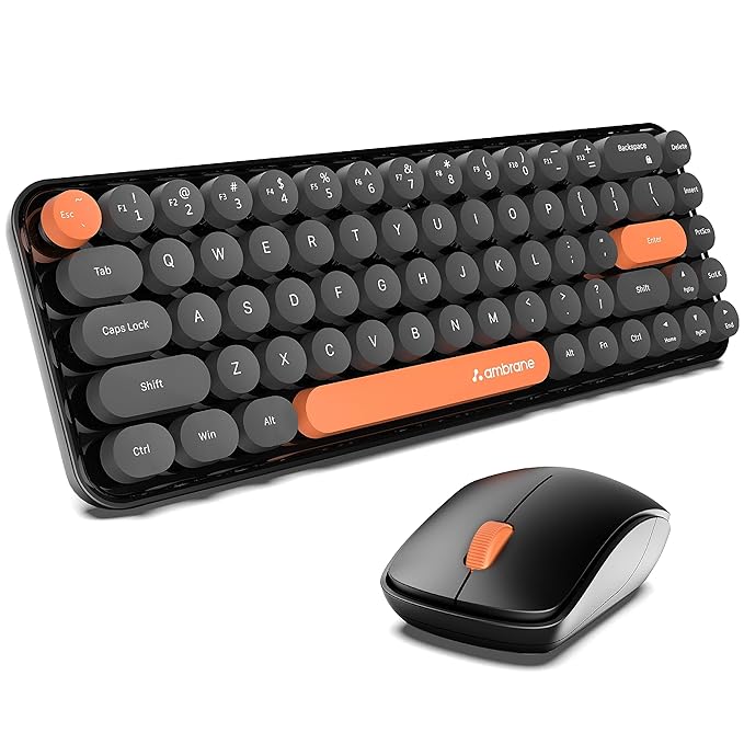 Ambrane Combo of Wireless Keyboard with Mouse Retro Typewriter Inspired, 2.4GHz for Desktop, Laptop, MacBook and Devices with USB Support, Compact Light-Weight, Single Nano Receiver (KeyPop, Black)