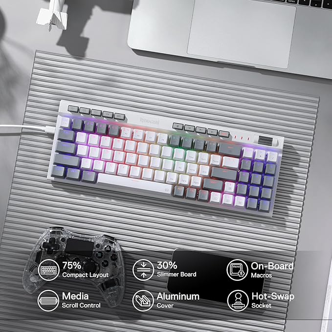 Redragon K617 Fizz 60% Wired RGB Gaming Keyboard, 61 Keys Compact Mechanical Keyboard w/White and Grey Color Keycaps, Linear Red Switch, Pro Driver/Software Supported