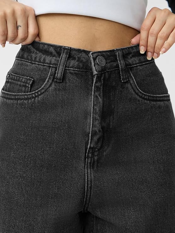 The Souled Store Solids: Charcoal Women and Girls Buttoned Cotton Straight Fit Jeans