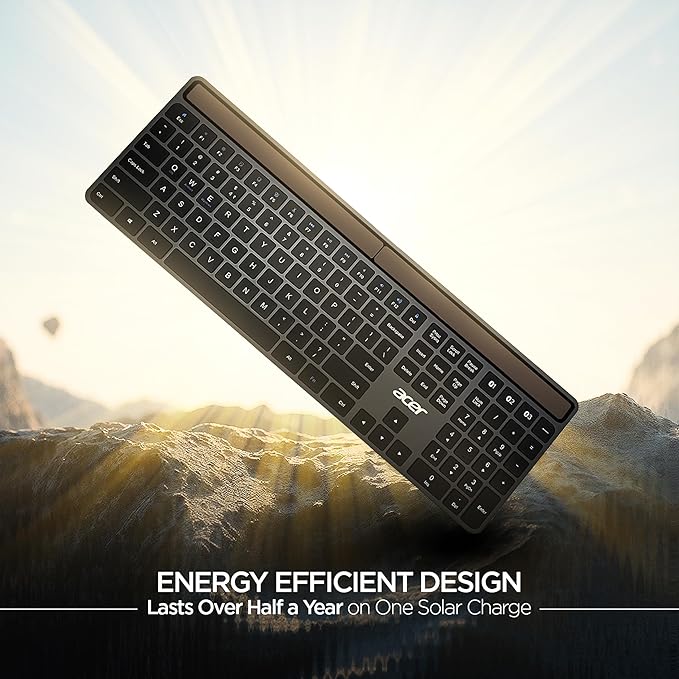 Acer Solaris Solar Powered Bluetooth Keyboard, 109-Key Wireless Keyboard with Super-Capacitor, Multi-Device BT 5.0, Type-C Emergency Charging, 10m Range, for Windows, Mac, Android, Space Grey
