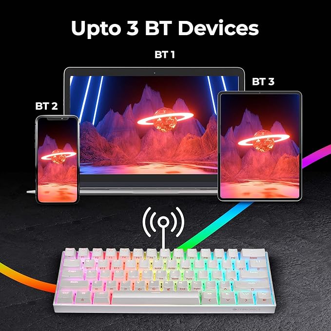 ZEBRONICS Zeb-MAX NINJA 61 keys wireless mechanical keyboard with 3 Bluetooth connections, 2.4GHz Nano receiver, Type C wired mode, RGB backlit, built-in rechargeable battery and N-key rollover(White)