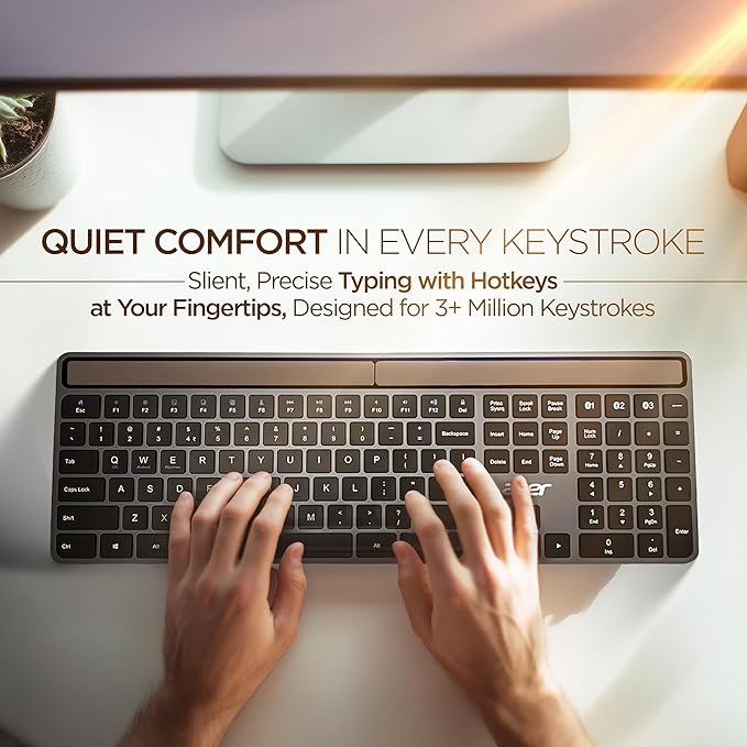 Acer Solaris Solar Powered Bluetooth Keyboard, 109-Key Wireless Keyboard with Super-Capacitor, Multi-Device BT 5.0, Type-C Emergency Charging, 10m Range, for Windows, Mac, Android, Space Grey
