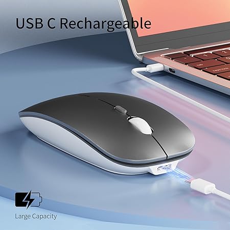 Picktech Q5 Slim Rechargeable Wireless Mouse, 2.4G Portable Optical Silent Ultra Thin Wireless Computer Mouse with USB Receiver and Type C Adapter, Compatible with PC, Laptop, Notebook, Desktop (Grey)