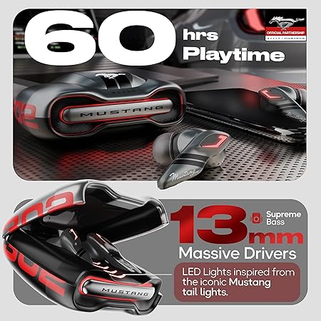 Mustang Torq Wireless in Ear Earbuds with 50H Playtime, App Support, Quad Mic ENC, 45ms Low Latency (3 color options)