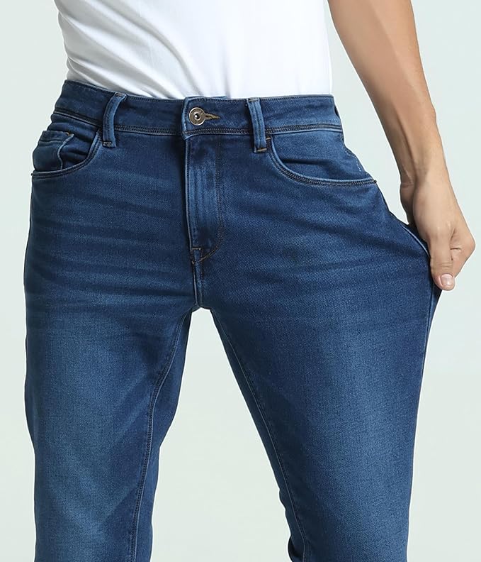 TURMS Men's Black Solid Mid Rise Stretchable Adventure Comfort Denim Pant Cotton Rich Jeans 30 Days No Wash Tailored Fit Casual Wear, Anti Stain Anti Odor Breathable (Available in Plus Sizes)